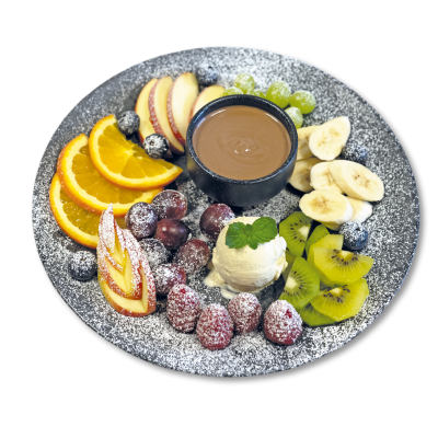 Schokoladenfondue mit Obst und Vanilleeis